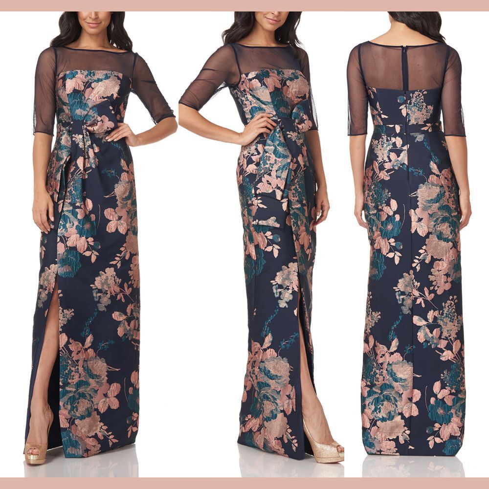 NWT $318 Kay Unger [ 6 ] Floral Jacquard Catrina 3D Bow‎ Gown Navy ApricotBlue - Picture 2 of 15